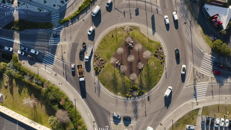 Belebter-Kreisverkehr-Mit-Bäumen-Und-Verkehrsautos,-LKWs,-Luftdrohnenansicht